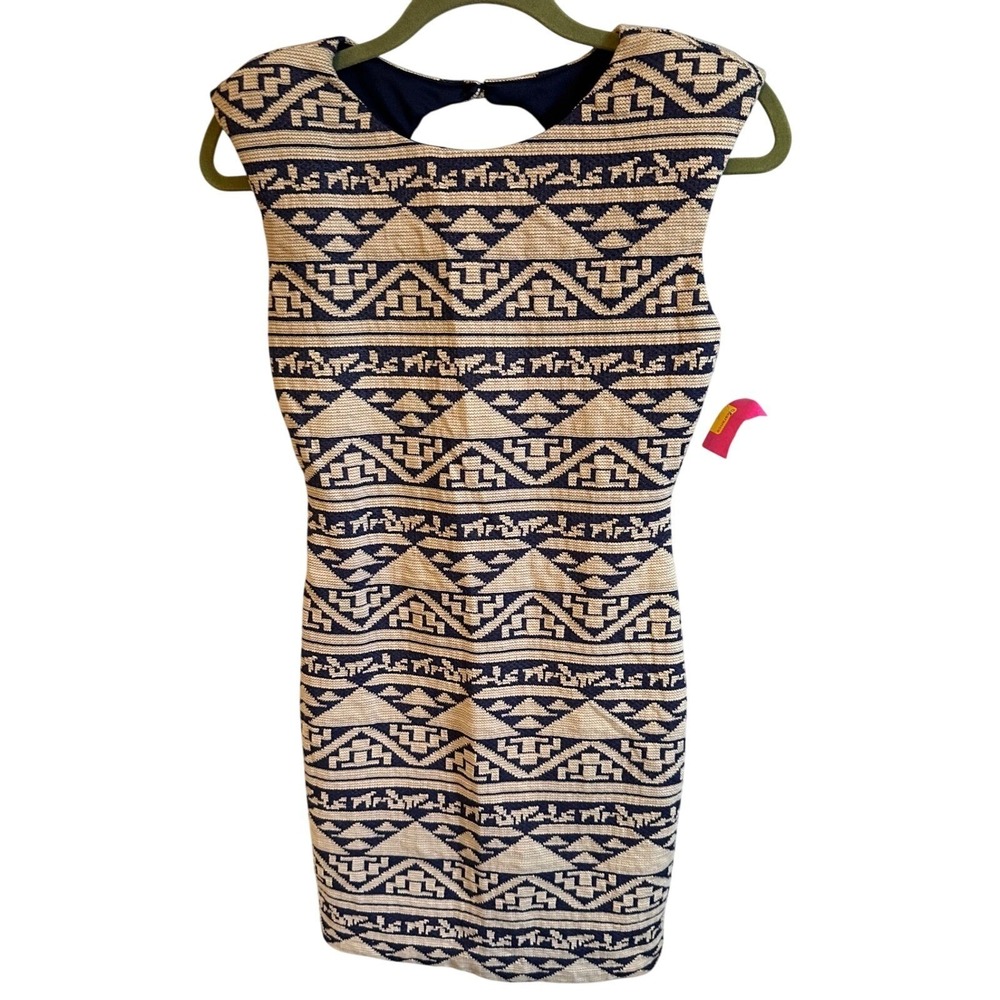 Lily Star Womens Small Navy Blue Cream Geometric Aztec Open Back Bodycon Dress